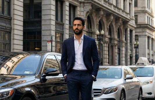 Man walking on street with nice cars behind him