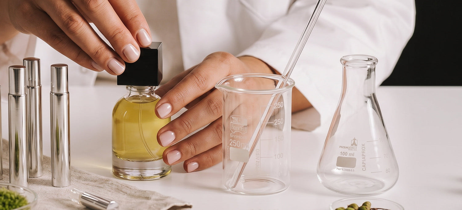 Person holding a small bottle of yellow liquid next to laboratory equipment on a white surface